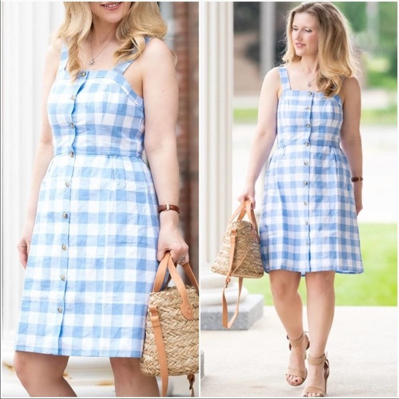 J. Crew Dresses & Skirts - J. Crew linen blend button front gingham print dress blue white sz 14